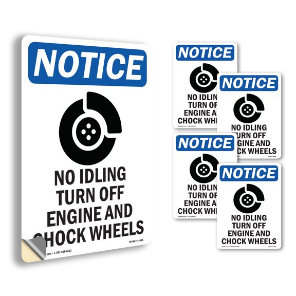 No Idling Turn Off With Symbol OSHA Notice Vinyl Decal Label 5 Inch x 3.5 Inch - 5 Pack