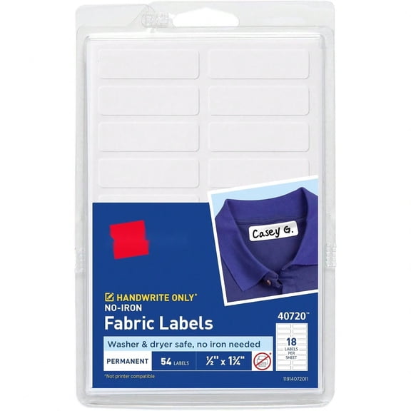 No-Iron Fabric Labels, 1/2" x 1-3/4", Washer and Dryer-Safe Waterproof Labels, Non-Printable, 54 Total (40720)