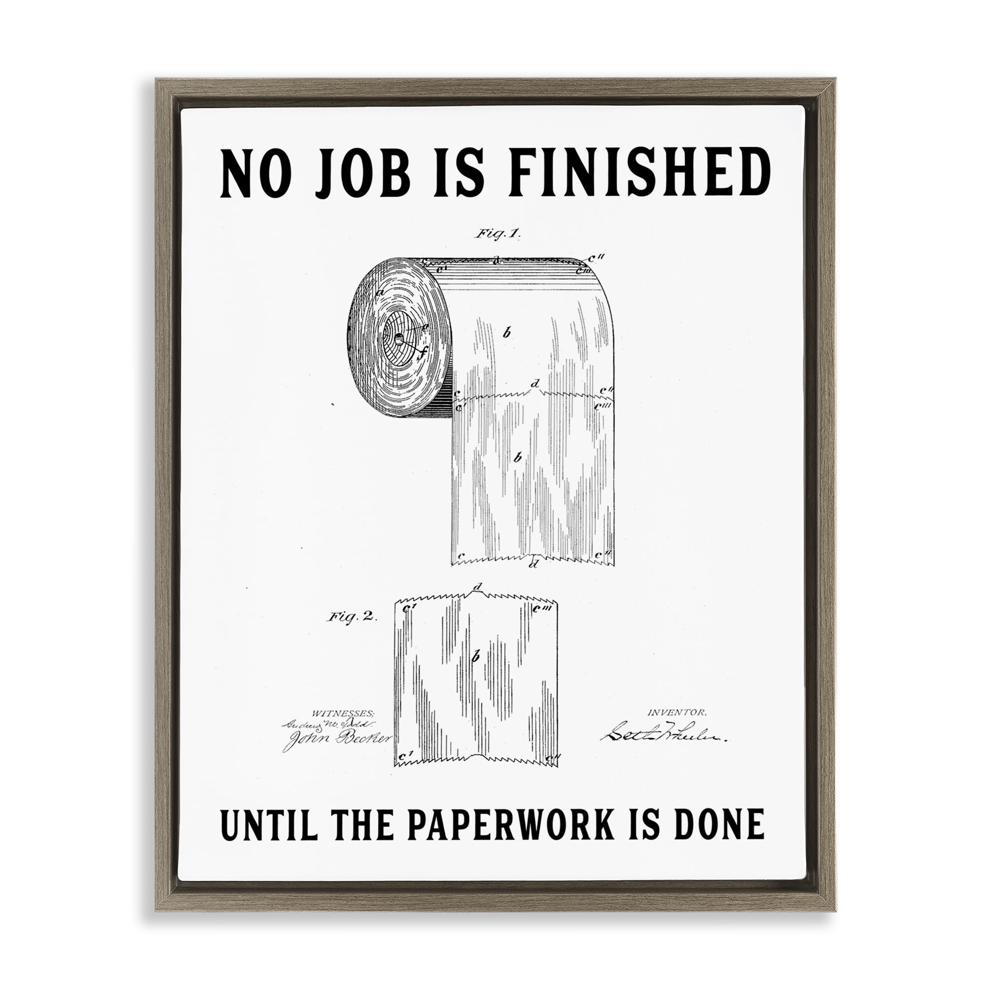 No Job Finished Toilet Paper Brown Framed Floater Canvas Wall Art, design by Lettered and Lined