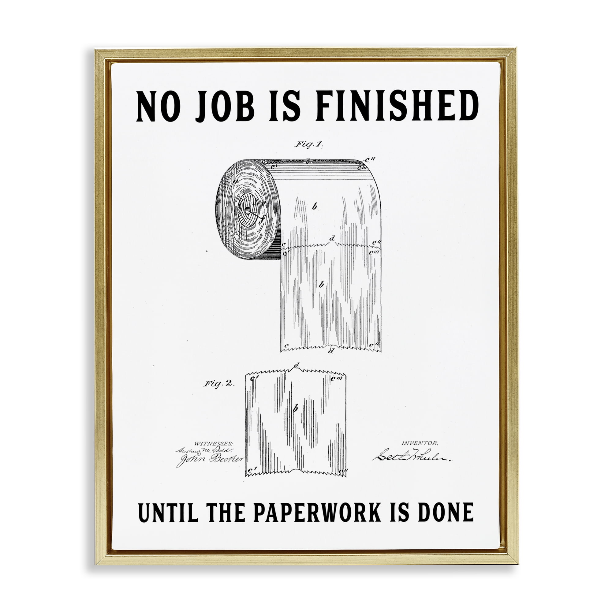 No Job Finished Toilet Paper Gold Framed Floater Canvas Wall Art, design by Lettered and Lined