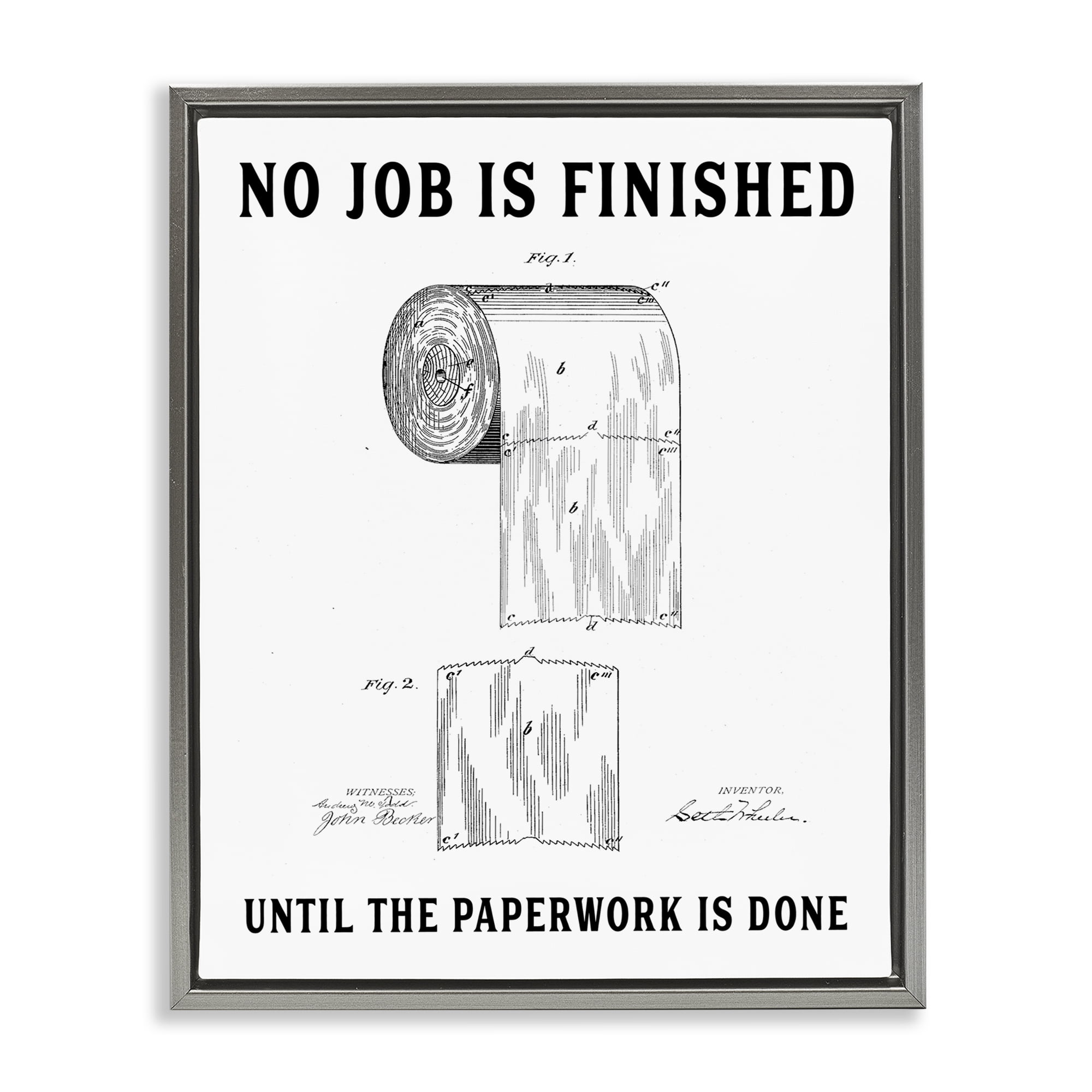 No Job Finished Toilet Paper Gray Framed Floater Canvas Wall Art, design by Lettered and Lined