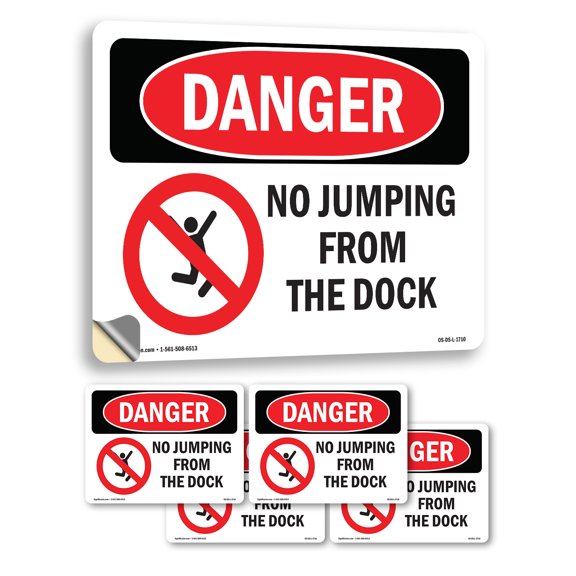 No Jumping From The Dock OSHA Danger Vinyl Decal Label 18 Inch x 12 Inch - 5 Pack
