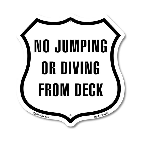 No Jumping Or Diving From Deck 12 inch X 12 inch Shield-Shaped Rust-Free Aluminum Metal Sign Weather Resistant Made in the USA