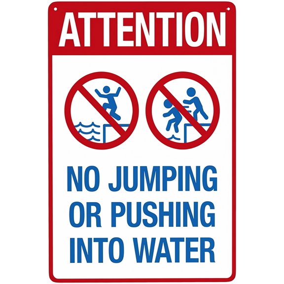 No Jumping Or Pushing Into Water with Graphic Sign - 8"x12" Retro Aluminum Pool Rule Sign, Vintage Metal Tin Decor for Home Pool Club Hotel Outdoor