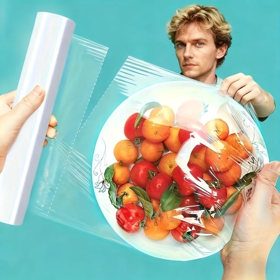 No-Knife Tearable PE Cling Film Roll Perforated Disposable Plastic Food Wrap, Microwave-Safe & Fridge-Safe, Hand-Tear Easy-Cut Kitchen Wrap for Food Storage & Fresh-Keeping,White