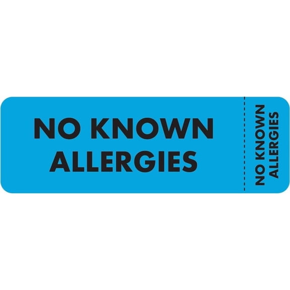 No Known Allergies Chart Label 3” x 1” Blue Black Text with Index Tab Permanent Adhesive 250 Stickers/Box