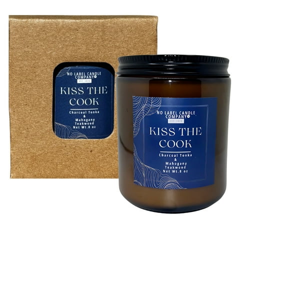 No Label Candle Company Charcoal Tonka & Mahogany Teakwood Scented -Kiss the Cook Candle-8oz