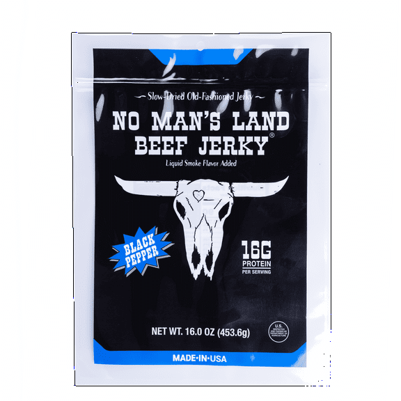 No Man's Land Beef Jerky, Black Pepper, 16g of Protein per Serving, 16oz Bag
