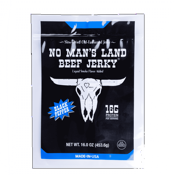No Man's Land Beef Jerky, Black Pepper, 16g of Protein per Serving, 16oz Bag