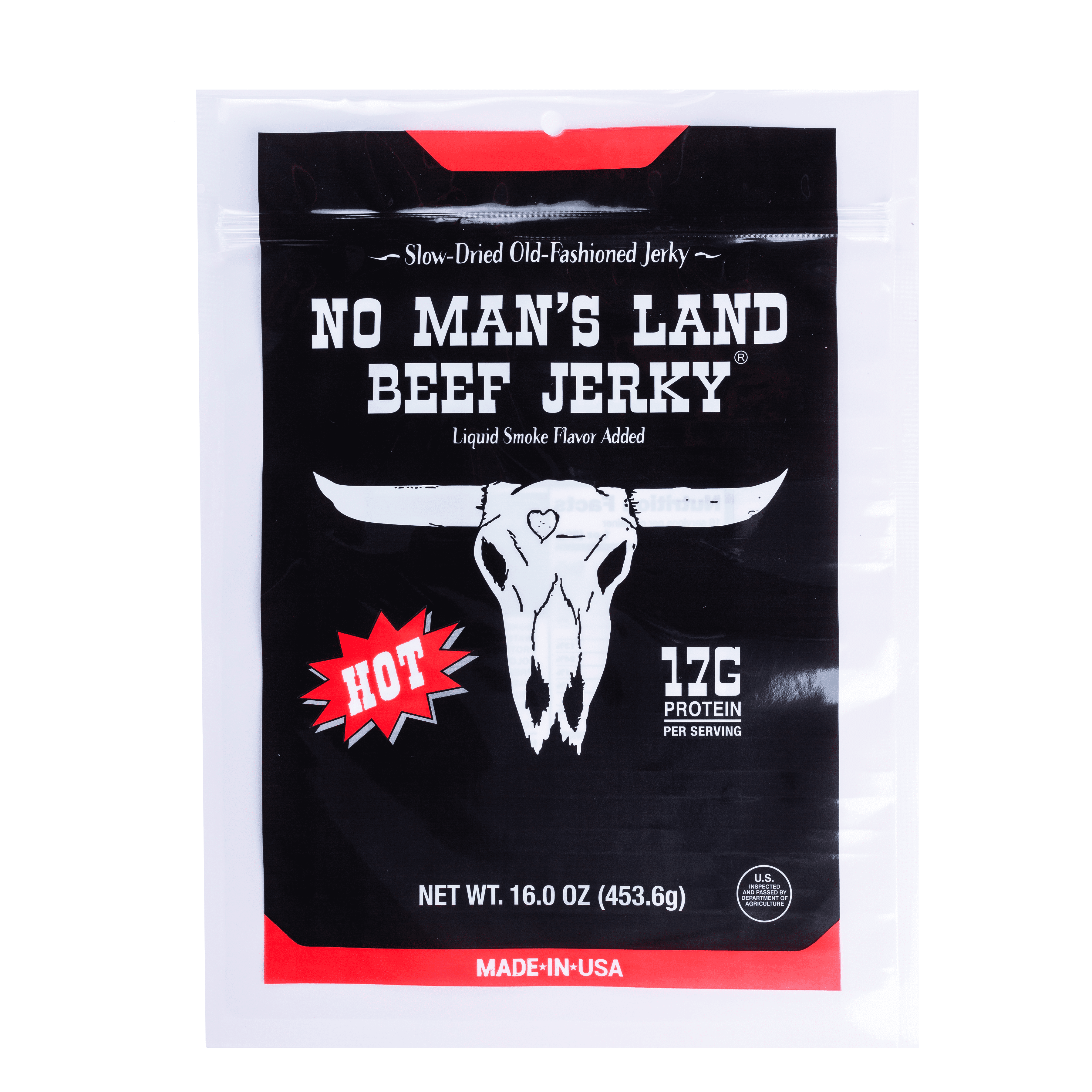 No Man's Land Beef Jerky, Hot, 16g of Protein per Serving, 16oz Bag