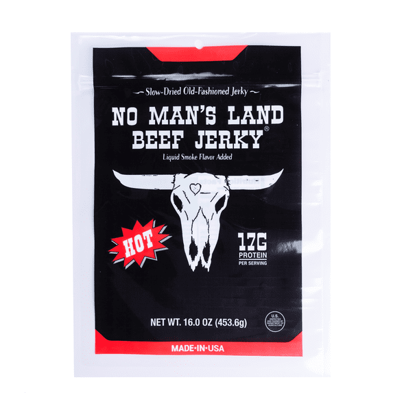 No Man's Land Beef Jerky, Hot, 16g of Protein per Serving, 16oz Bag