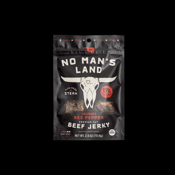No Mans Land Red Pepper Beef Jerky, 2.5 oz Bag 17g Protein per Serving, High Protein Snack
