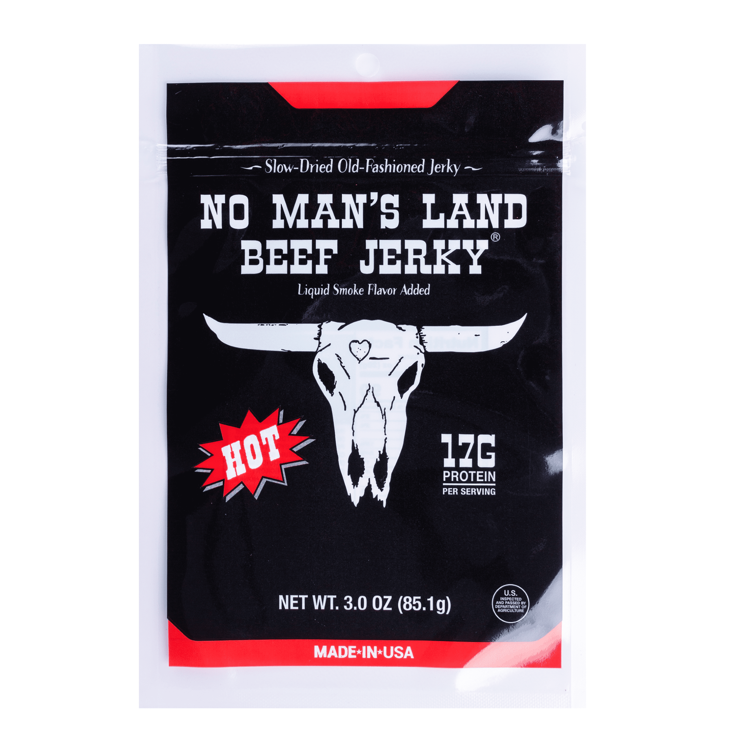 No Mans Land Beef Jerky, Hot, 17g of Protein per Serving, 3oz Bag