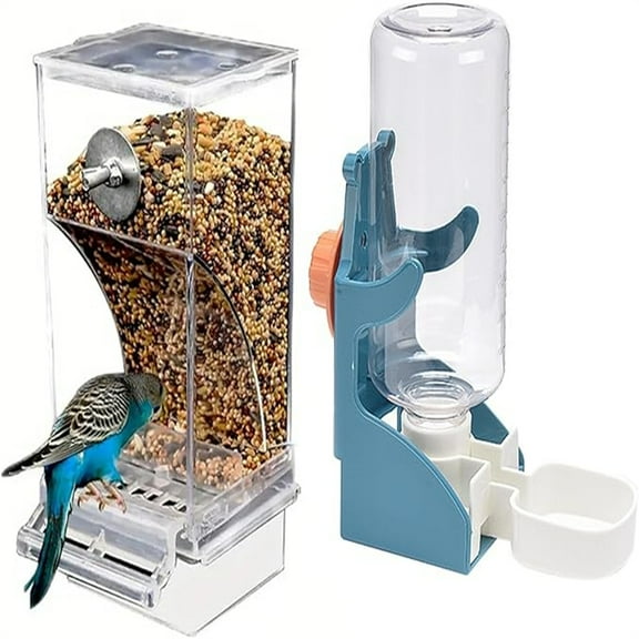 No Mess Bird Feeder Water Dispenser Set, Automatic Transparent Parrot Feeder Acrylic Parrot Food Container Drinker, Blue (Pack of 2)