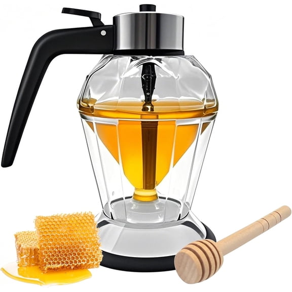 No-Mess Honey Trigger Dispenser with Storage Stand, Gravity-Fed Glass Syrup Pourer for Pancakes, Bottom Flow Sugar Containe
