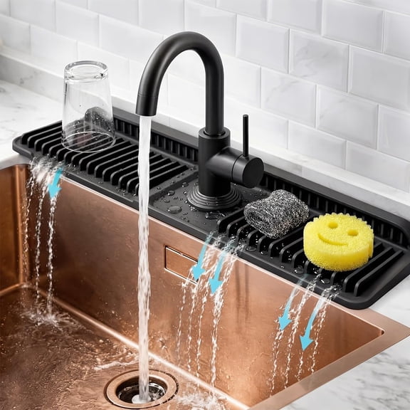 No More Wet Counters  24 Silicone Faucet Mat for Kitchen Sink, Custom Cut Fit, Fast Self-Draining, Stays in Place