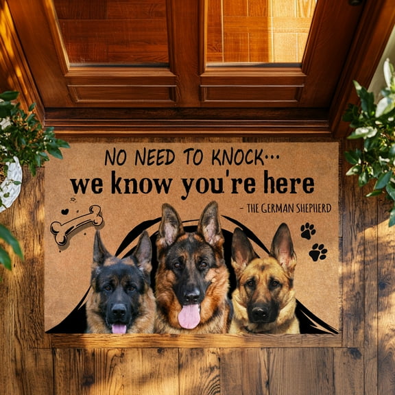 "No Need To Knock, We Know You're Here" German Shepherd Doormat – Funny Dog Welcome Mat – Pet Lover's Door Rug – German Shepherd Decor for Home – Indoor & Outdoor Use