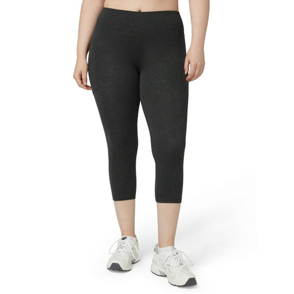 No nonsense Women's Cotton Capri Legging with Tech Pocket, Charcoal Heather, 2X