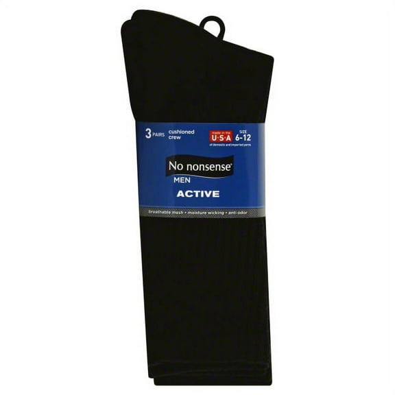No Nonsense Men's Cushion Crew, Black-3 Pair Pack, Sock Size:10-13/Shoe Size: 6-12, 6-12