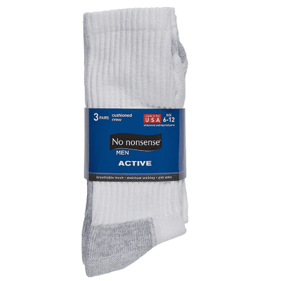 No Nonsense Men's White Active Crew Socks, 3 pairs