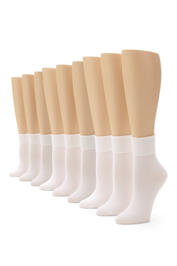 Women's Cotton Basic Cuff Socks 9 Pair Pack, White - 9 Pair Pack, One Size