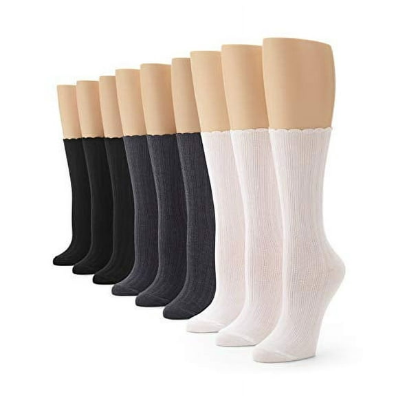 No Nonsense Women's Scallop Pointelle Crew Sock, Assorted - 9 Pair Pack, 4-10