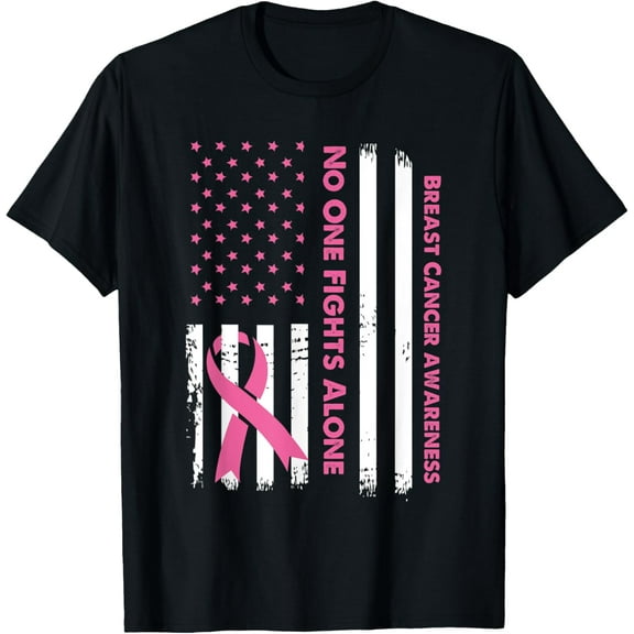 No One Fights Breast Cancer Alone USA Flag Pink Ribbon T-Shirt