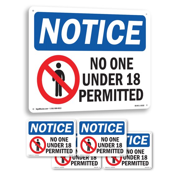 No One Under 18 Permitted OSHA Notice Aluminum Sign 10 Inch x 7 Inch - 5 Pack