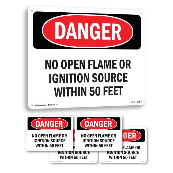 No Open Flame Or Ignition Source Within 50 Feet OSHA Danger Rigid Plastic Sign 10 Inch x 7 Inch - 5 Pack