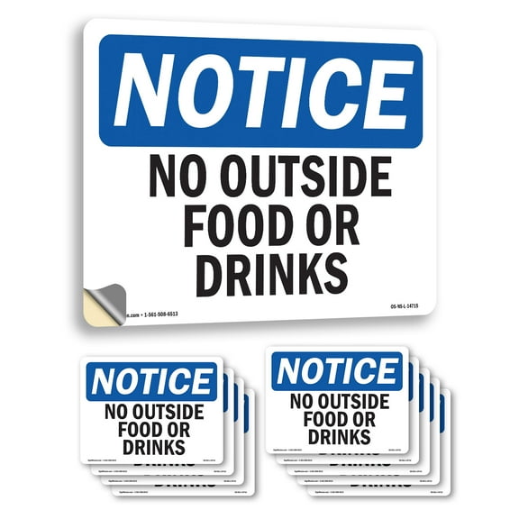 No Outside Food Or Drinks OSHA Notice Vinyl Decal Label 14 Inch x 10 Inch - 10 Pack
