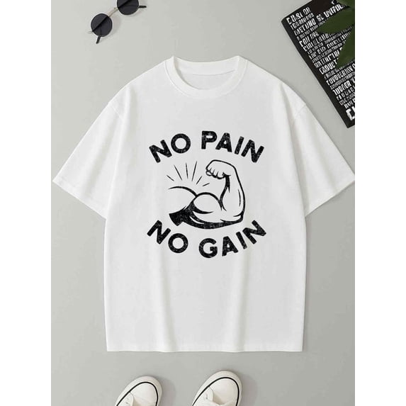 "No Pain Gain" Tee funny humor for men 180G 100% Cotton white Basic Unisex Shirt Graphic Tee tshirts Retro Unisex Shirt Graphic tshirts Fashion Unisex Shirt Graphic tshirts wife funny humor