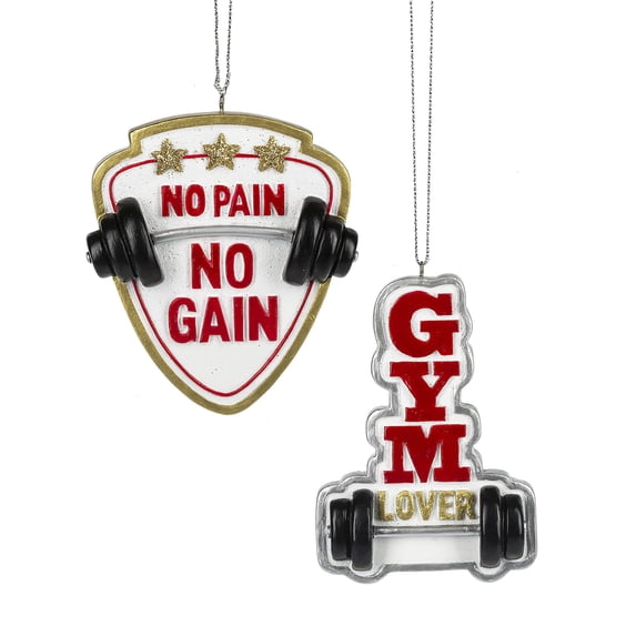 No Pain No Gain Goldtone Red Black 3.8 inch Resin Decorative Christmas Ornament, Set of 2