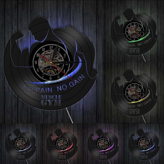 No Pain No Gain Music Gym Vinyl Record Wall Clock Sport Fitness Bodybuilding Vintage LED Backlight Modern Hoem Decor