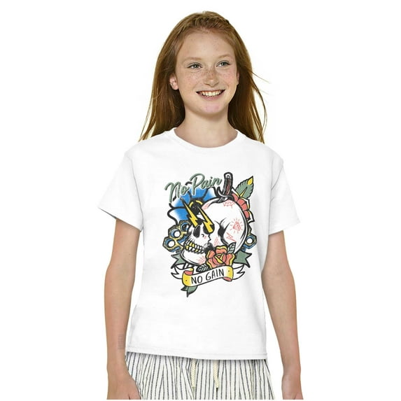 No Pain No Gain Skull Dagger Tattoo Crewneck T Shirts Boy Girl Teen Brisco Brands L