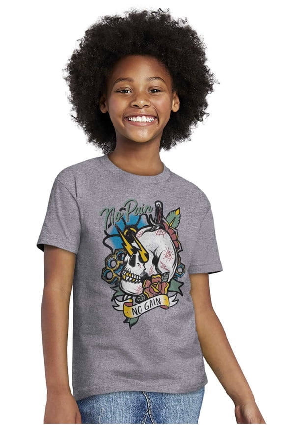 No Pain No Gain Skull Dagger Tattoo Crewneck T Shirts Boy Girl Teen Brisco Brands X