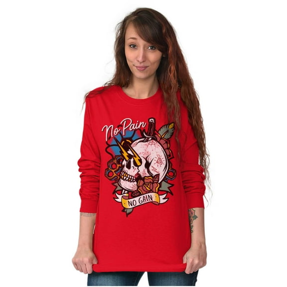 No Pain No Gain Skull Dagger Tattoo Long Sleeve TShirt Men Women Brisco Brands L