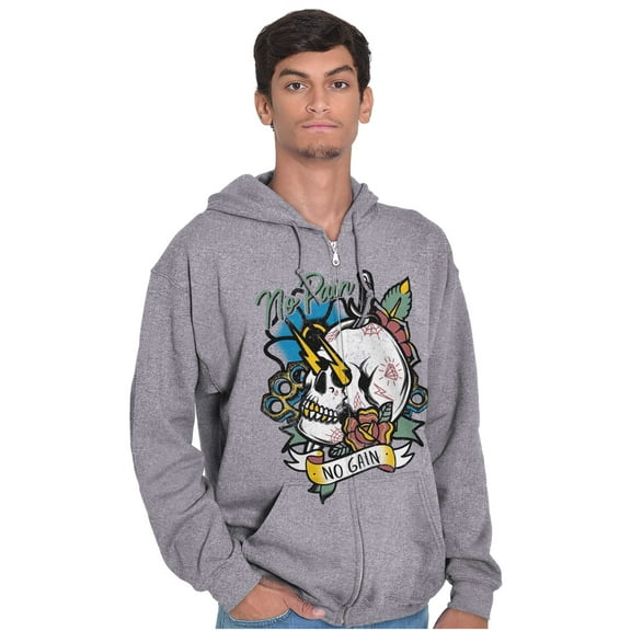 No Pain No Gain Skull Dagger Tattoo Unisex Fleece Graphic Zip Up Hoodie Brisco Brands 5X