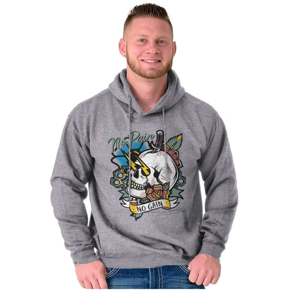 No Pain No Gain Skull Dagger Tattoo Unisex Plus Fleece Graphic Hoodie Brisco Brands 3X