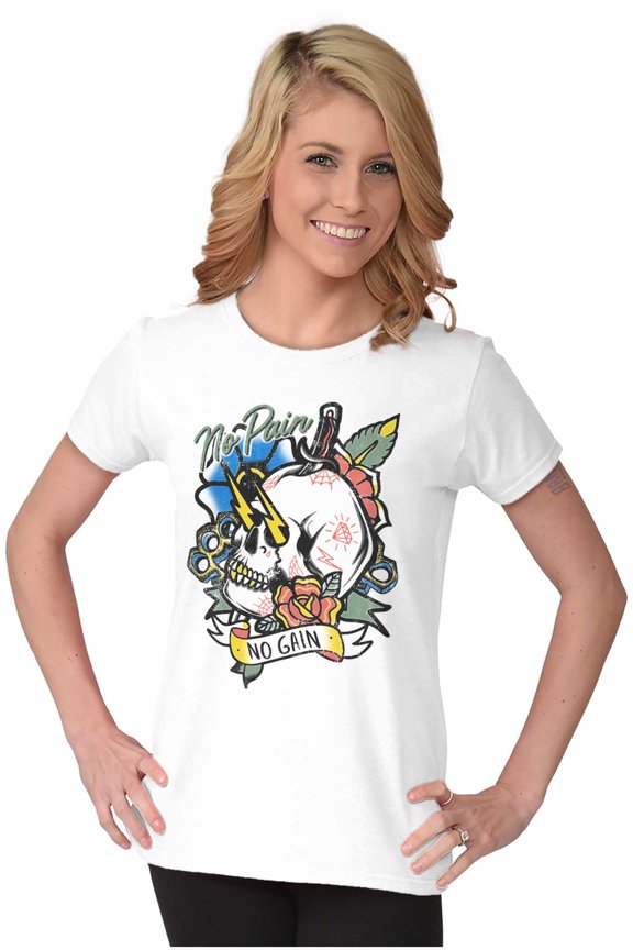 No Pain No Gain Skull Dagger Tattoo Womens Slim Fit Graphic Tee Brisco Brands X