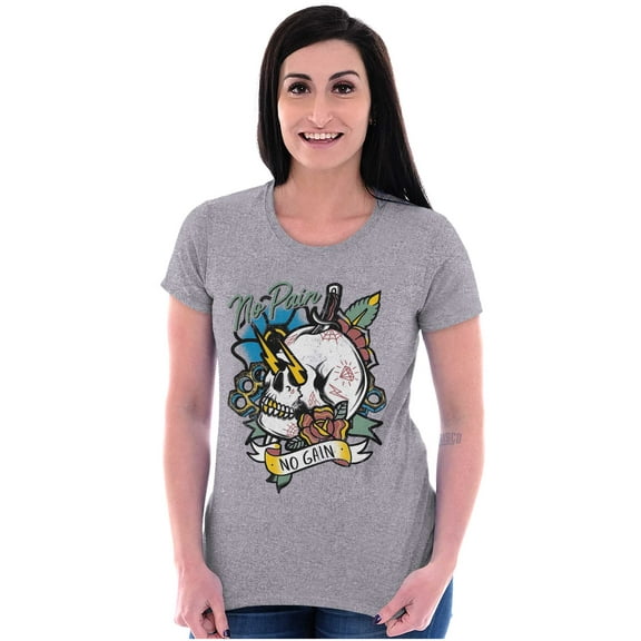 No Pain No Gain Skull Dagger Tattoo Womens Slim Fit Graphic Tee Brisco Brands S
