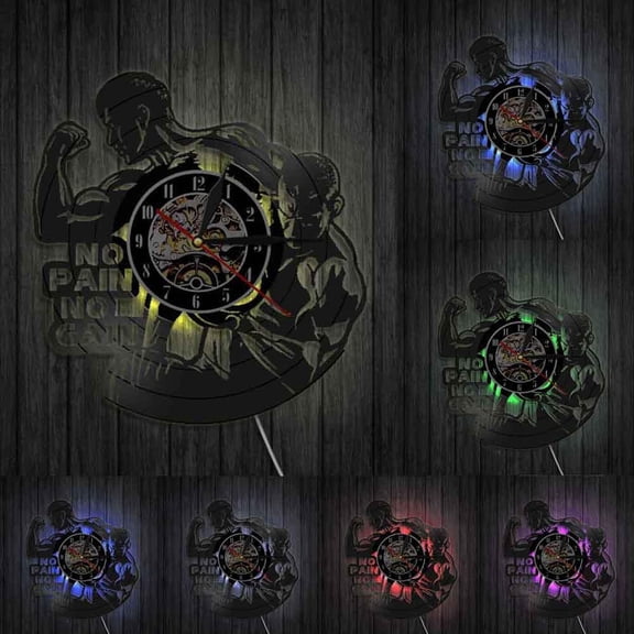 No Pain No Gain Workout Quote Garage GYM Wall Decor Bodybuilding Wall Clock Bodybuilders Vinyl Record Wall Clock Fitness Gift With LED