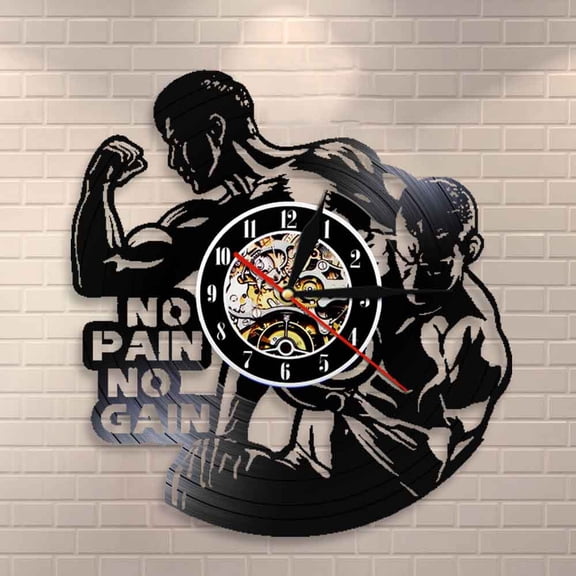 No Pain No Gain Workout Quote Garage GYM Wall Decor Bodybuilding Wall Clock Bodybuilders Vinyl Record Wall Clock Fitness Gift