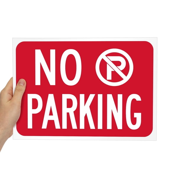 "No Parking" | 12" x 8" Metal Sign, White/Red