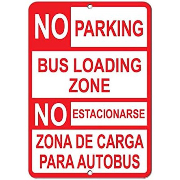No Parking Bus Loading Zone Bilingual Warning Tin Sign, Vintage Metal Wall Decor for Garage or Road, 12 x 8 Inch