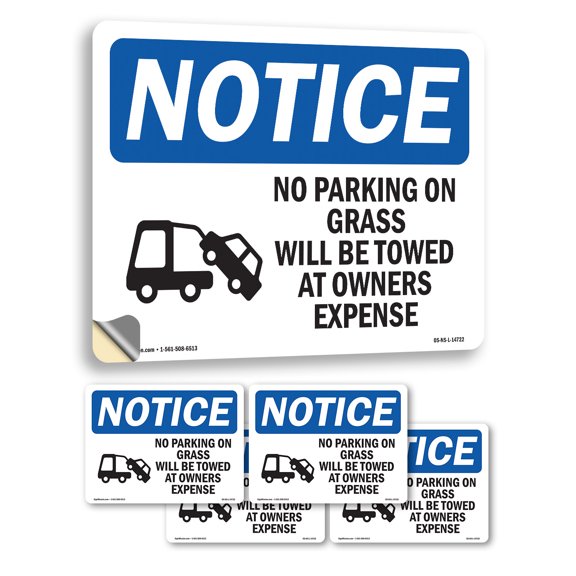 No Parking On Grass Will Be With Symbol OSHA Notice Vinyl Decal Label 5 Inch x 3.5 Inch - 5 Pack