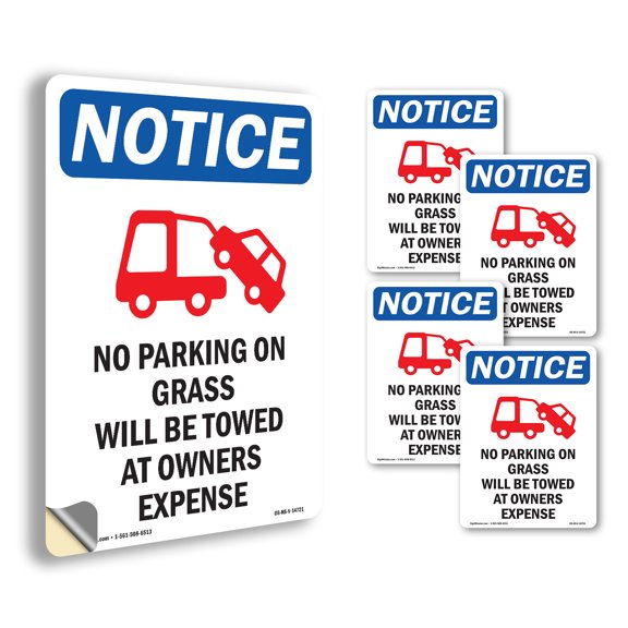 No Parking On Grass With Symbol OSHA Notice Vinyl Decal Label 5 Inch x 3.5 Inch - 5 Pack