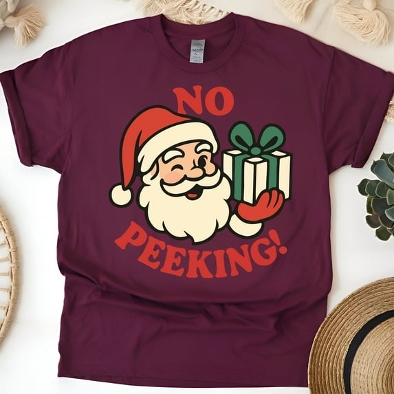 No Peeking Shirt | Funny Santa Claus Graphic Tee for Adults, Maroon, Size L