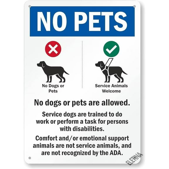 No Pets - No Dogs Or Pets Allowed, Comfort/Emotional Support Animals Not Service Sign, Made Park Signs for Outdoor & Indoor 12" x 8"