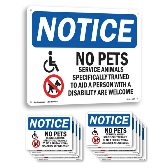 No Pets Service Animals Allowed OSHA Notice Rigid Plastic Sign 10 Inch x 7 Inch - 10 Pack