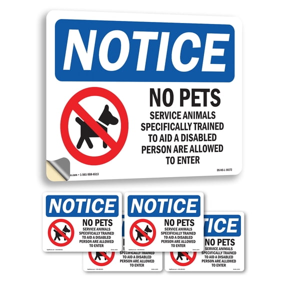 No Pets Service Animals Allowed OSHA Notice Vinyl Decal Label 18 Inch x 12 Inch - 5 Pack